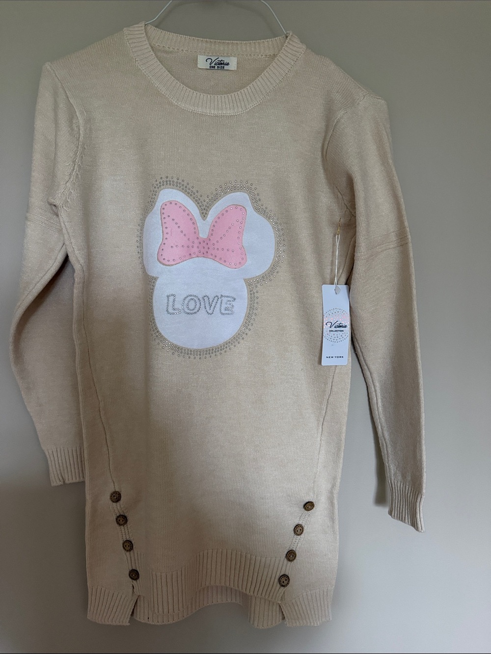 Venezia Cream Crewneck Sweater with Pink/Love Bow Applique